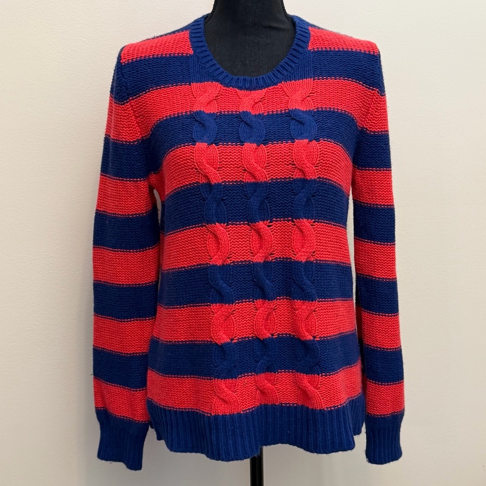 Lands' End Women L RedBlue Cable Knit Sweater Braided Colorblock Nautical Stripe